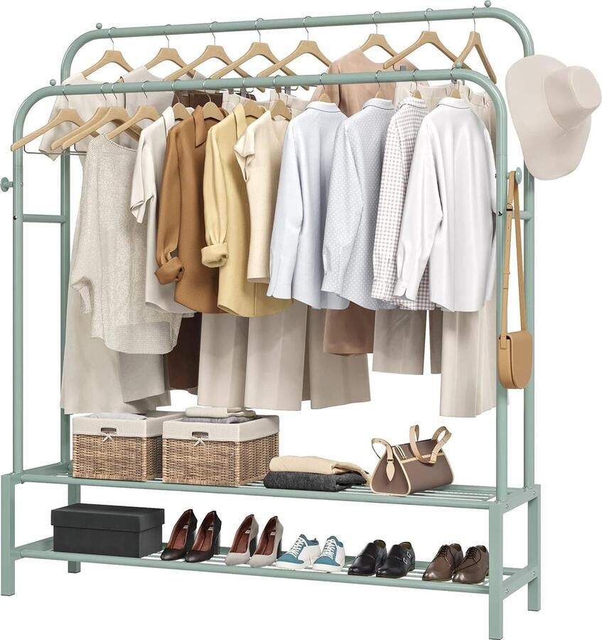 Dubbele staven draagbaar kledingrek voor het ophangen van kleding 43 7 * 58 6 inch metalen kledingrek met bodemplanken en 4 haken groen