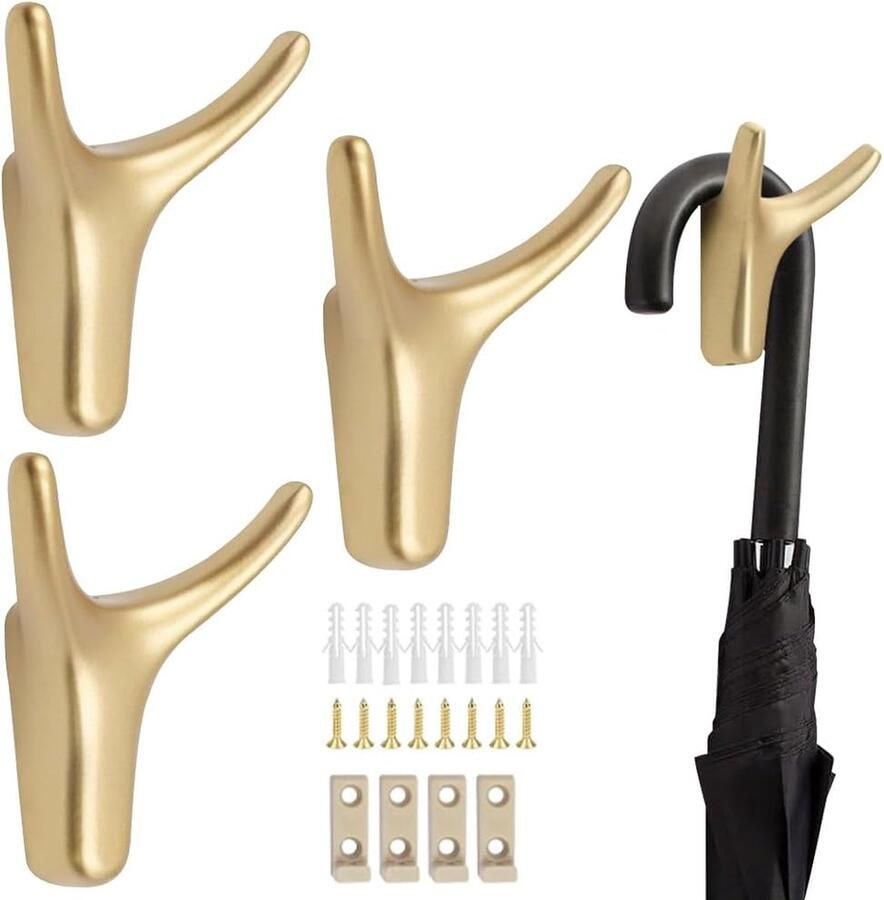 Dubbele wandhaken 4 stuks garderobehaken goud met 8 schroeven 8 expansiebuizen 4 vaste gesp aluminiumlegering handdoekhaken voor slaapkamer kledingkast keuken badkamer