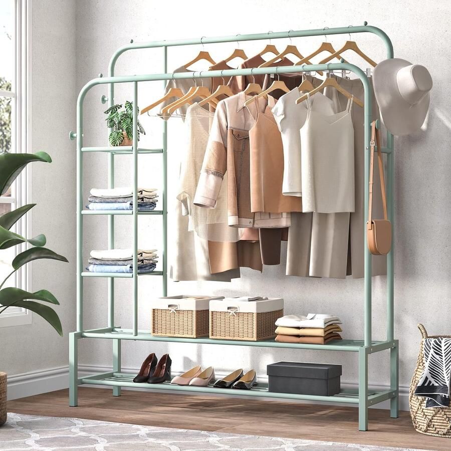 Dubbele Stang 125.5x164.5cm Vrijstaand Kledingrek met Dubbele Bodemplank aan de Zijkant 4-Haken 3 Planken Multifunctionele Kledingrek & ClothesRack Slaapkamer Groen