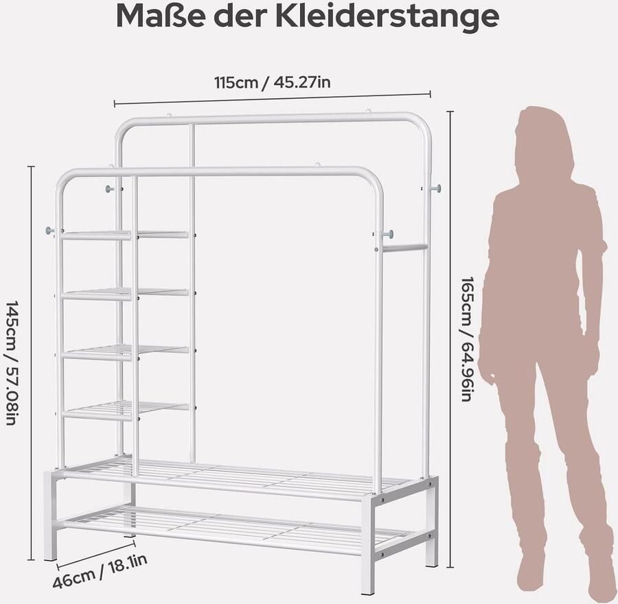 Dubbele Stang 125.5x164.5cm Vrijstaand Kledingrek met Dubbele Bodemplank aan de Zijkant 4-Haken 3 Planken Multifunctionele Kledingrek & ClothesRack Slaapkamer Groen - Foto 2