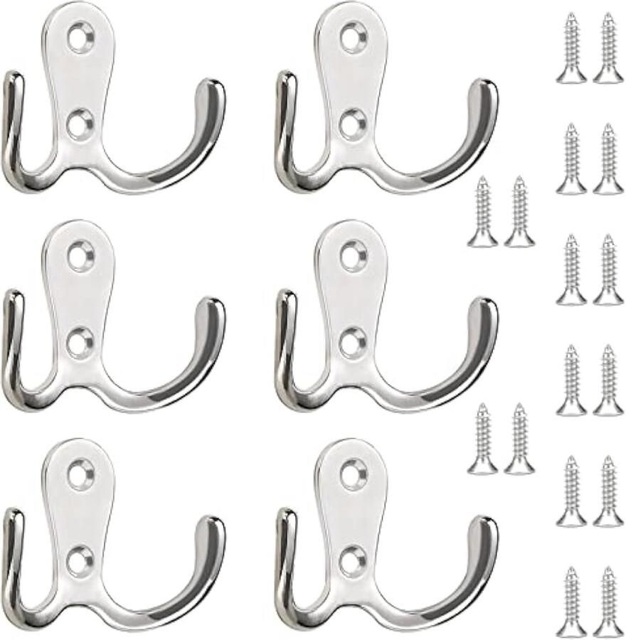 Dubbele zinken kledinghaken 6 stuks zilveren garderobehaken met 16 stuks schroeven vintage kledinghaken voor badkamer slaapkamer tuin garderobe kast