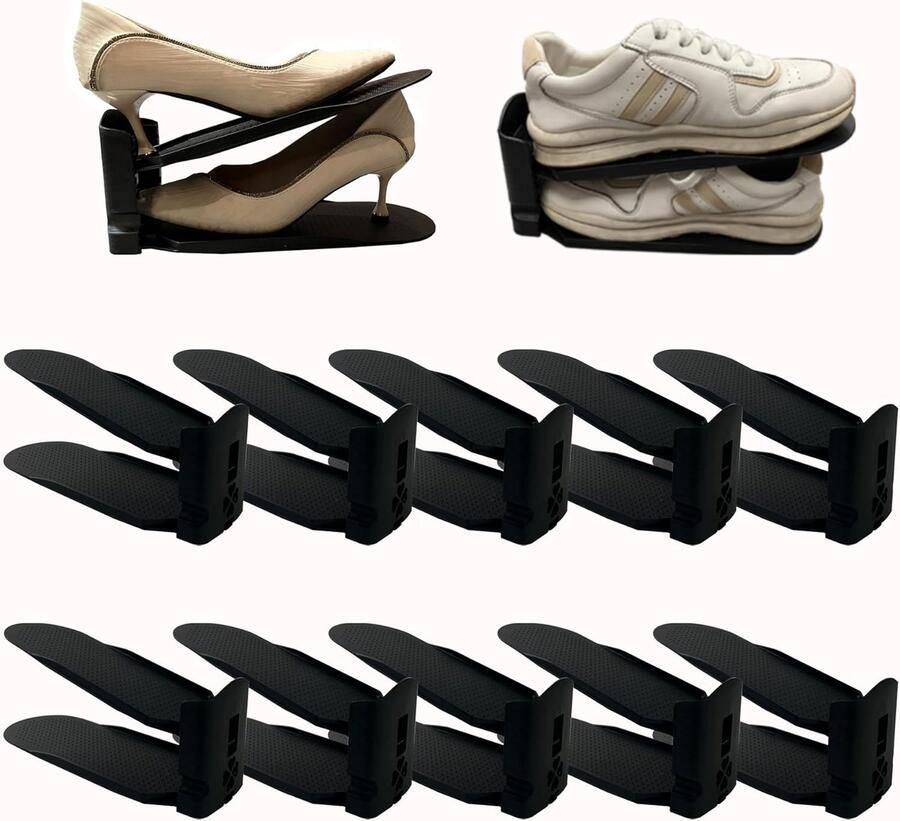 Dubbellaags verstelbaar schoenenrek Ruimtebesparend opbergrek 10 stuks Zwart