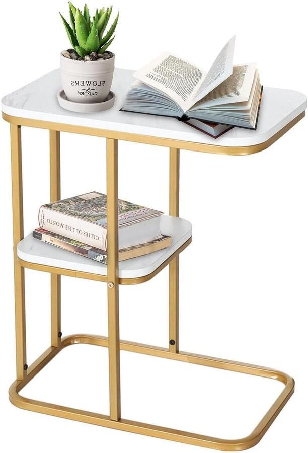 Dubbellaagse Bijzettafel C-vormig marmerpatroon goudkleurig Voor woon- en slaapkamer