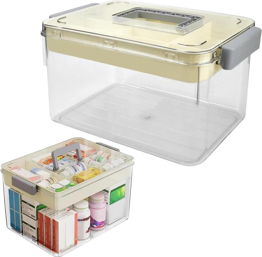 Dubbellaagse medische organizerbox opbergdoos EHBO-doos huisapotheekbox met handgrepen 26 x 16 x 15 cm medicijnkoffer voor thuis
