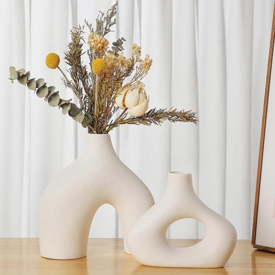 Dubbelwandige witte keramische vaas set van 2 voor moderne boho-Scandinavische minimalistische stijl decoratie ideaal voor woonkamer bruiloft diner tafel feest en kantoor