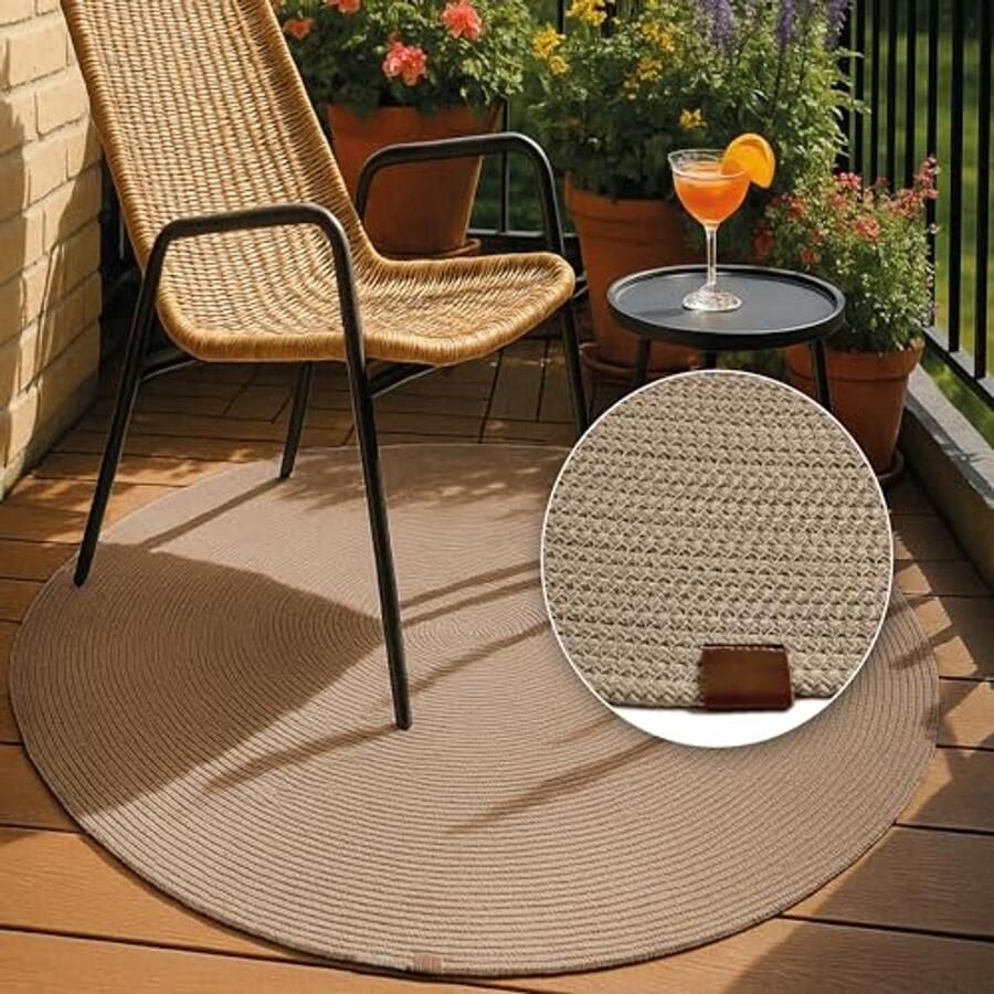 Dubbelzijdig rond vloerkleed voor binnen en buiten Beige Ø 120 cm Handgemaakt en onderhoudsvriendelijk tapijt voor terras balkon en tuin