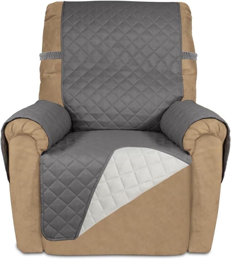 Dubbelzijdige gewatteerde bankhoes waterdichte bankhoes en meubelbeschermer wasbare bankhoes met antislip en elastische band veilig voor kinderen honden en huisdieren (ligstoel grijs ivoor)