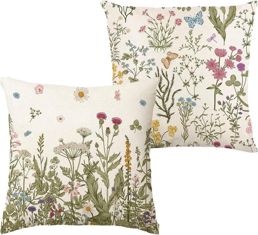 Allecto Plus Kussenslopen Set van 2 Dubbelzijdig Patroon Lente Zomer Bloemen Zacht Materiaal Vierkante Kussenhoezen Decoratie voor Sofa Bed Bank Binnen en Buiten Gebruik 45 x 45 cm