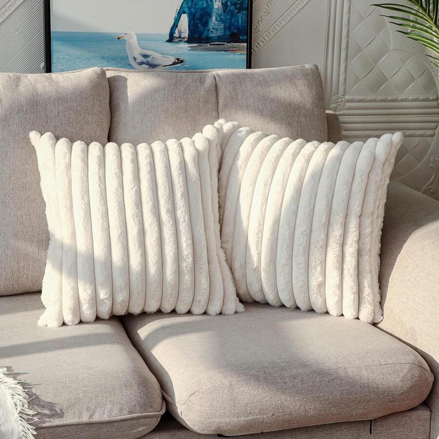 Dubbelzijdige pluche fluwelen kussenslopen zacht kunstbont decoratief voor bank en slaapkamer thuis 40 x 40 cm crèmewit gestreept