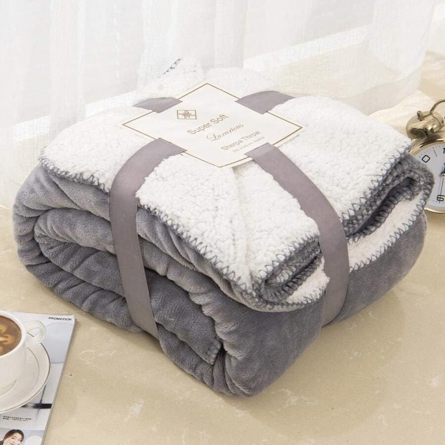 Dubbelzijdige Sherpa fleece deken Extra zachte en thermische plaid voor bed en bank 150 x 200 cm Grijs