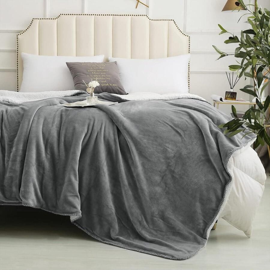 Cosy Fleece Deken Sherpa Plaid Dubbelzijdig Extra Zacht Grijs Dubbel 150 x 200 voor Bed en Bank Verbeterde Slaap