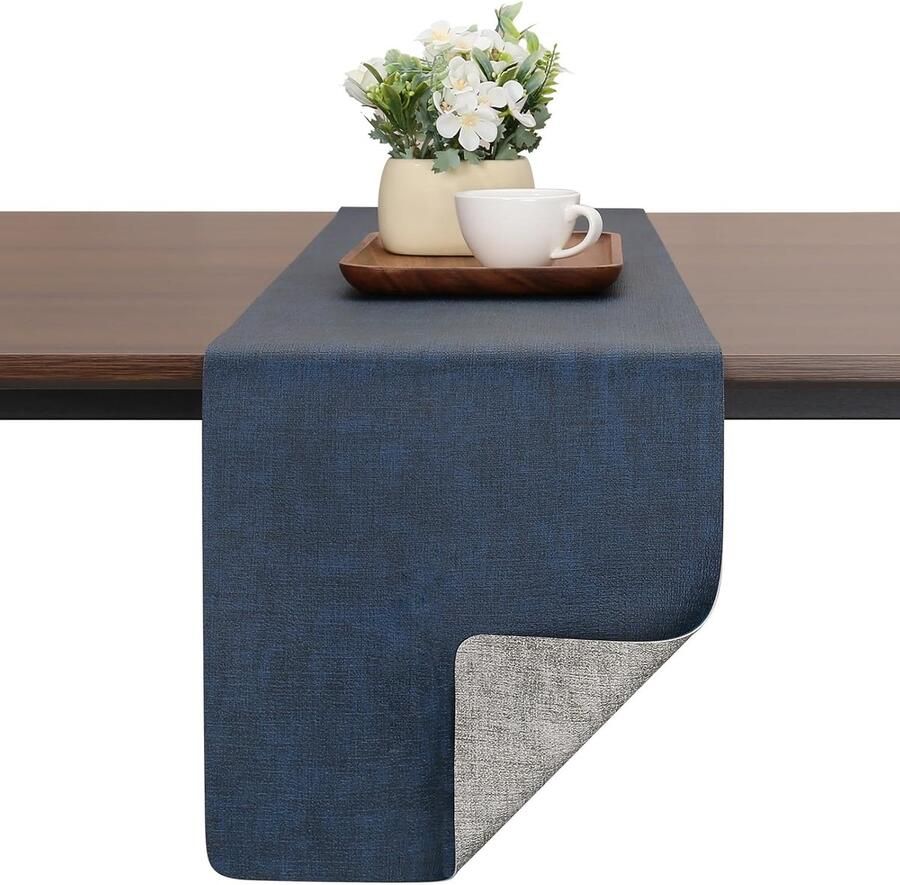Moderne dubbelzijdige tafelloper antislip wasbaar 1 stuk grijs-blauw kunstleer 30 x 240 cm