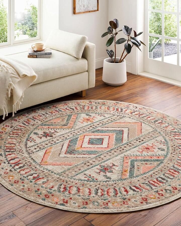 Dublin Vintage vloerkleed voor woonkamer traditioneel boho-tapijt groot rond tapijt 160 x 160 cm veelkleurig oudroze