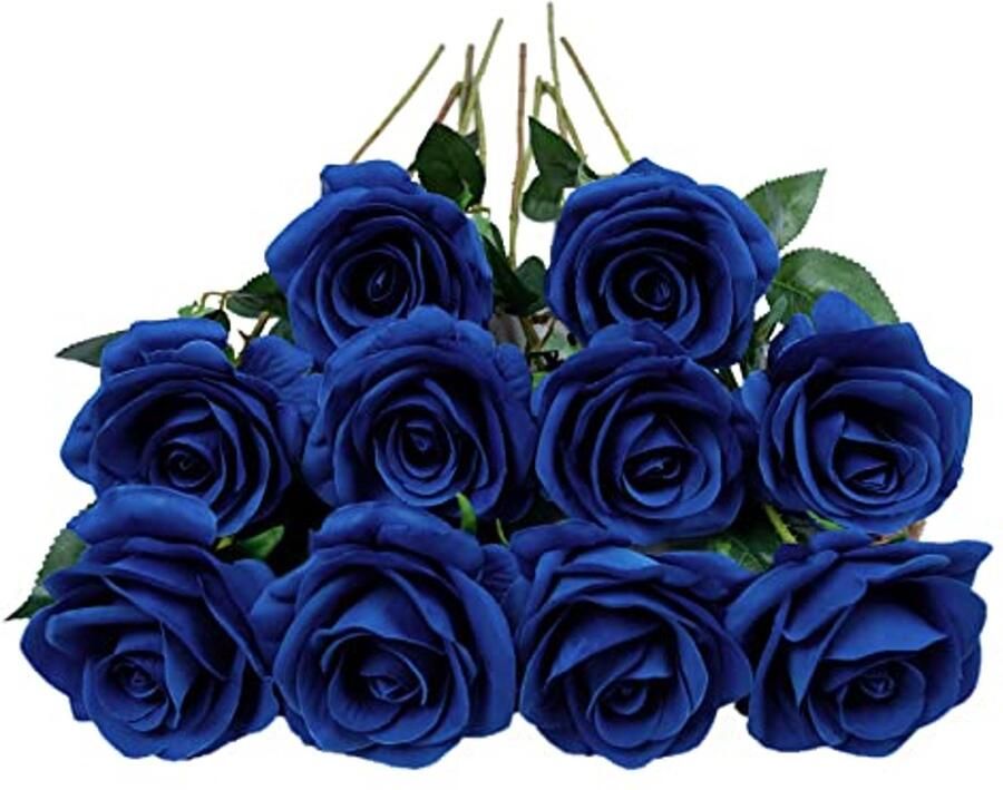 DuHouse 10 stuks kunstrozen zijden bloemen neproos 54 cm enkele lange steel kunstbloemen boeket voor bruidsboeket arrangement bruiloft tafel middelpunt feest thuis keukendecoratie (koningsblauw)