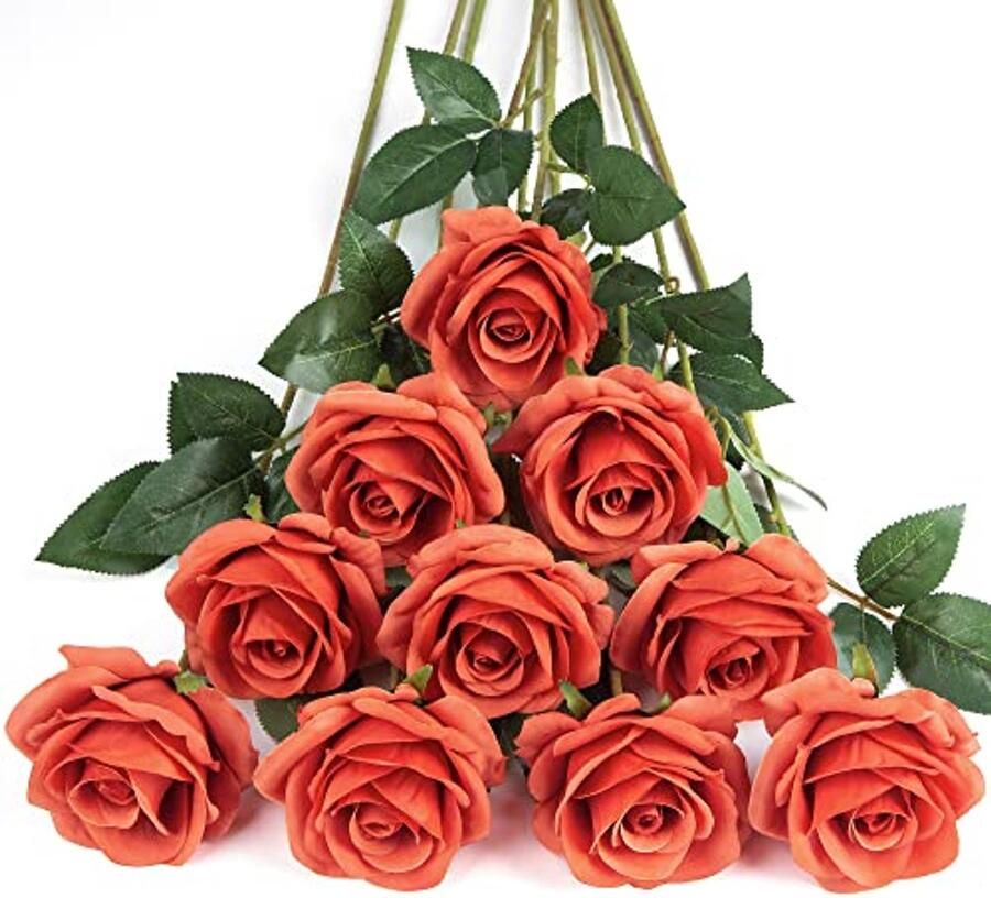DuHouse 10 stuks kunstrozen zijden bloemen neproos 54 cm enkele lange steel kunstbloemen boeket voor bruidsboeket arrangement bruiloft tafel middelpunt feest thuis keukendecoratie (koraal oranje)