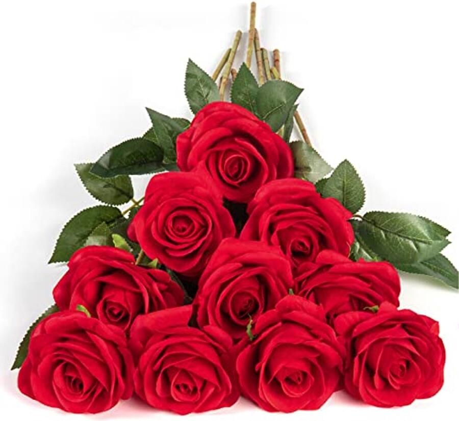 DuHouse 10 stuks kunstrozen zijden bloemen neproos 54 cm enkele lange steel kunstbloemen boeket voor bruidsboeket arrangement bruiloft tafel middelpunt feest thuis keukendecoratie (rood)