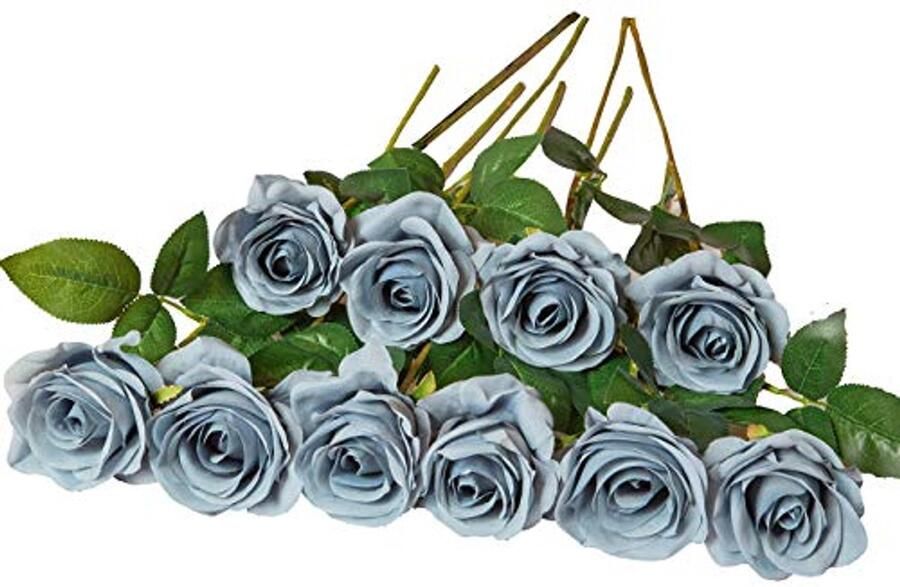 DuHouse 10 stuks kunstrozen zijden bloemen neproos 54 cm enkele lange steel kunstbloemen boeket voor bruidsboeket arrangement bruiloft tafel middelpunt feest thuis keukendecoratie (grijs blauw)