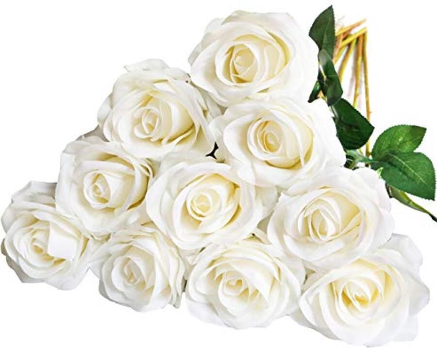 DuHouse 10 stuks kunstrozen zijden bloemen neproos 54 cm enkele lange steel kunstbloemen boeket voor bruidsboeket arrangement bruiloft tafel middelpunt feest thuis keukendecoratie (wit)