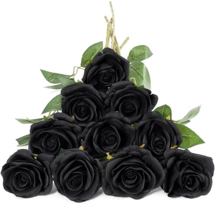 DuHouse 10 stuks kunstrozen zijden bloemen neproos 54 cm enkele lange steel kunstbloemen boeket voor bruidsboeket arrangement bruiloft tafel middelpunt feest thuis keukendecoratie (zwart)