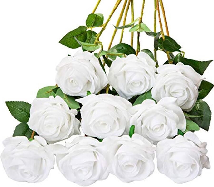 DuHouse 10 stuks kunstrozen zijden bloemen neproos 54 cm enkele lange steel kunstbloemen boeket voor bruidsboeket arrangement bruiloft tafel middelpunt feest thuis keukendecoratie (puur wit)