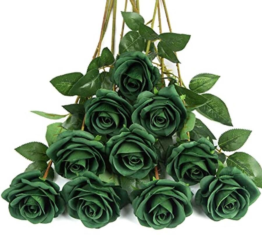 DuHouse 10 stuks kunstrozen zijden bloemen neproos 54 cm enkele lange steel kunstbloemen boeket voor bruidsboeket arrangement bruiloft tafel middelpunt feest thuis keukendecoratie (donkergroen)