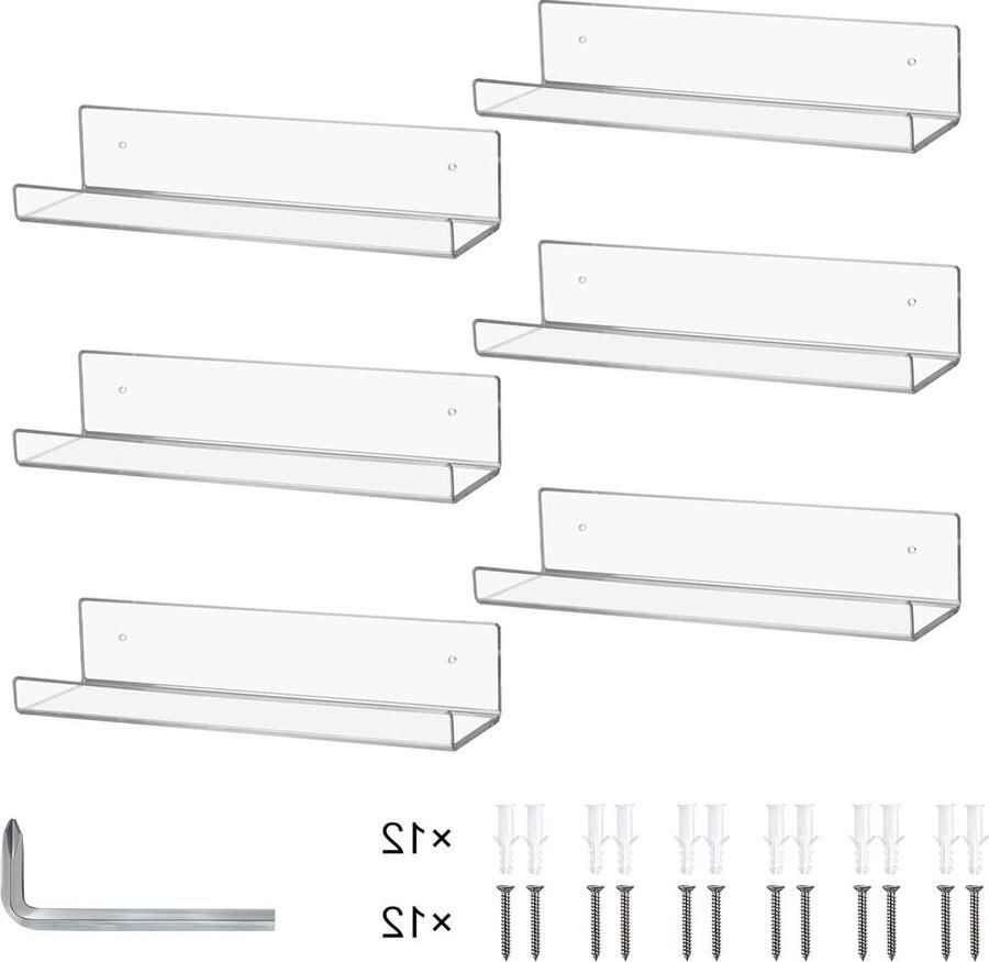 Duidelijke Zwevende Planken 15 Inch Acryl Wandblad Boekenplank Onzichtbare Wandmontage Set van 6 Voor Slaapkamer Woonkamer Keuken Badkamer Kantoor acrylic shelves