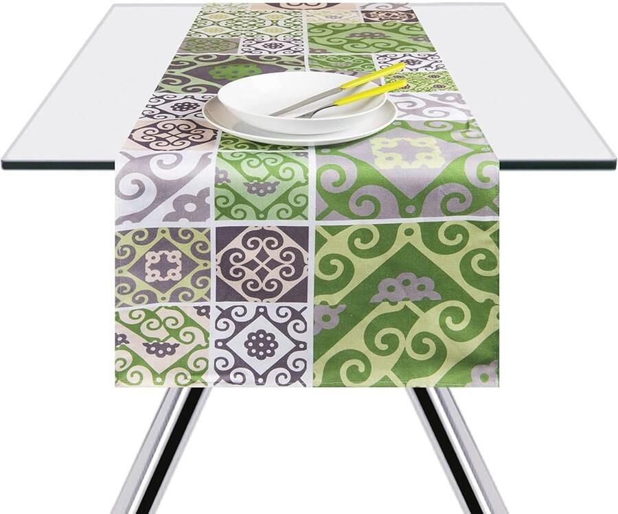 Dunne tafelloper 100% katoen 45 x 140 cm Groene aardewerk motief