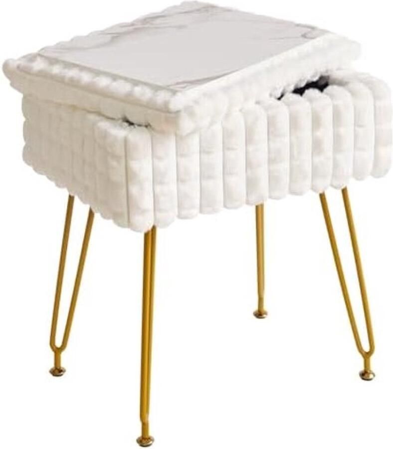 PolkaHome Rechthoekige kruk met opbergruimte voetenbank Ottomaanse kleine bijzettafel met 4 metalen poten met antislippoten voor make-upkamer slaapkamer vierkant rasterpatroon Wit