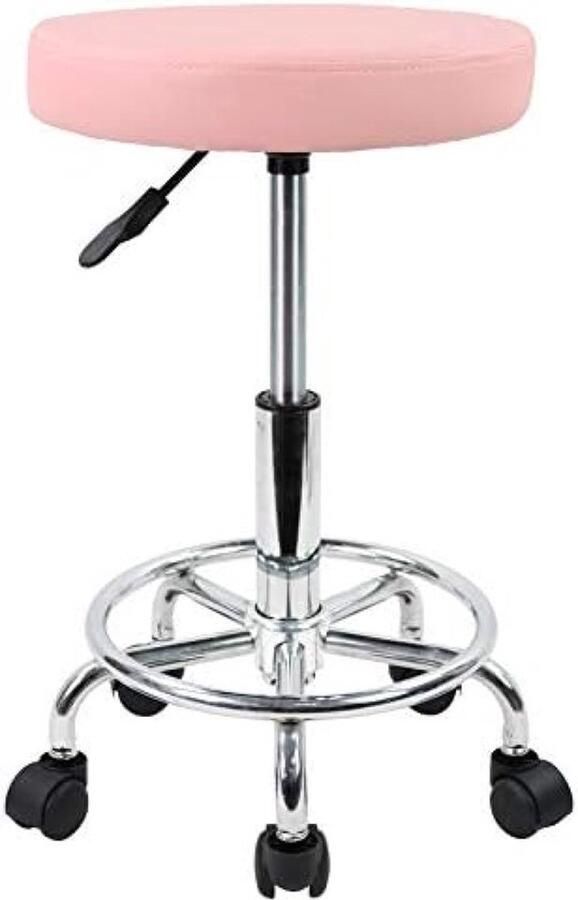 DustDraft™ Ronde rolkruk van PU-leer met voetsteun draaibaar in hoogte verstelbaar spa opstellen salon tattoo werk kantoor massagekrukken werkstoel klein (roze)