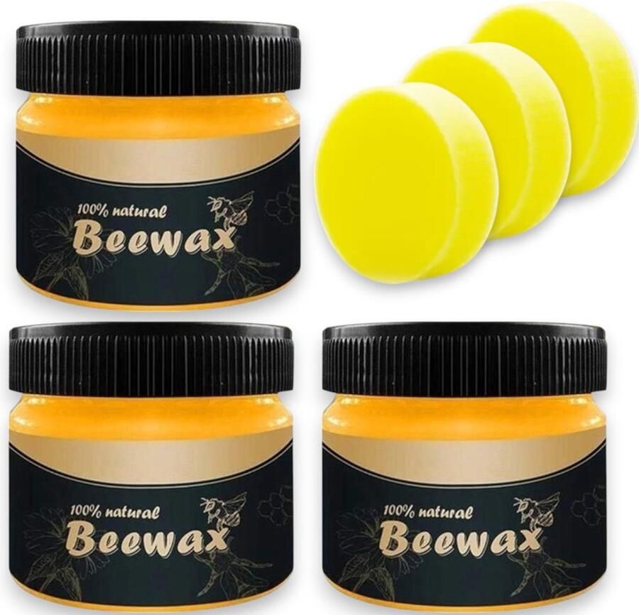 Dutchers 6-delige Bijenwas Polijstset – 3x 80g per pot – Inclusief 3x Spons – Voor Meubelonderhoud Houtbescherming en Natuurlijke Glans