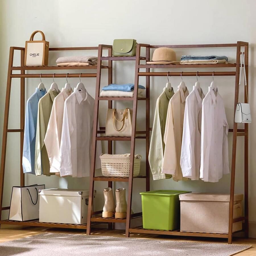 Duurzaam bamboe kledingrek Vrijstaande kapstok met opbergruimte (190 x 40 x 140 cm)