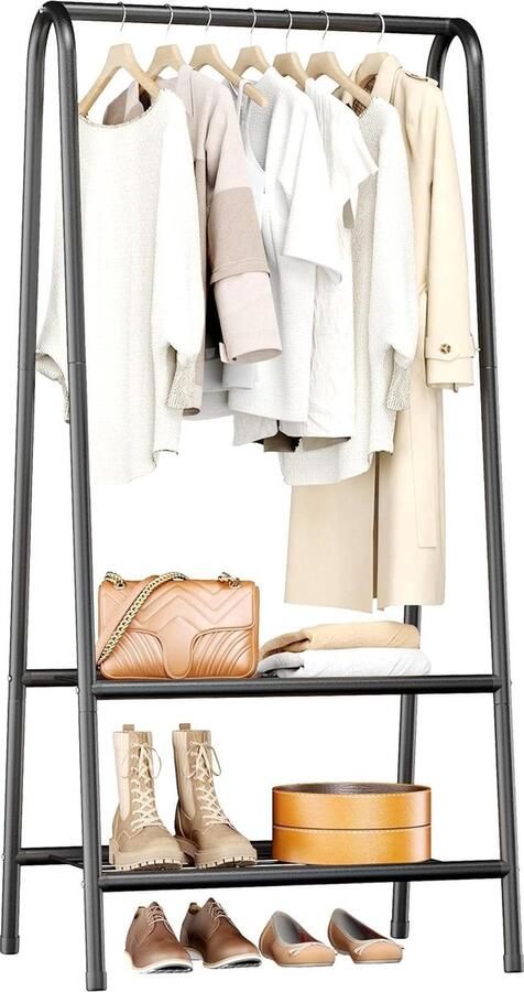 Duurzaam Stevig Metalen Kledingrek Vrijstaand A-Vormige Structuur Dubbele Bodemplank Multifunctionele Clothes Rack Zwart