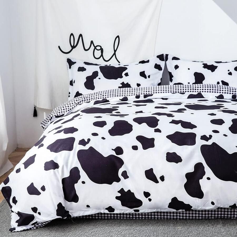 Duvet Cover Set Single 3 Piece Cow Print Bedding Set Cute Animal Print Reversible Soft Duvet Cover met 2 Pillowcases voor Single Bed (135cmx200cm)