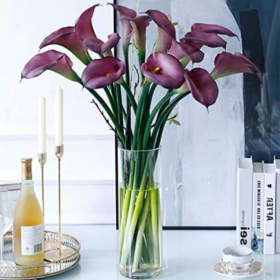 DUYONE Kunstbloemen Calla Lilly 25 Latexboeket Zacht gevoel met lange steel 5 stuks voor thuis woonkamer slaapkamer eettafel kantoor bruiloftsfeest (paars)