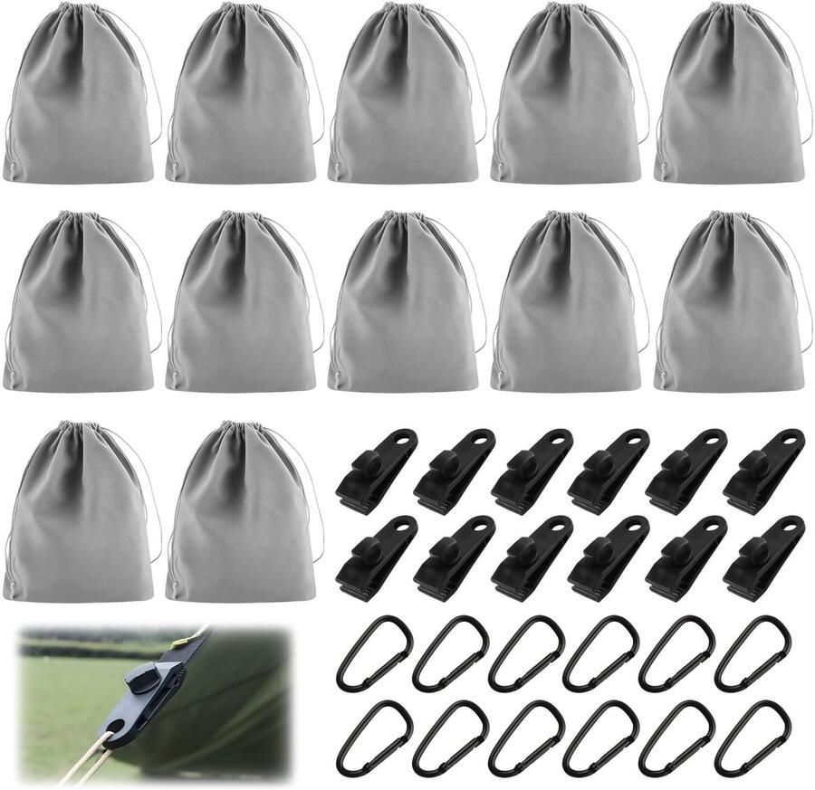 DXLing 12-delige draagbare gewichtstas voor buitengordijnen met 12 karabijnhaken en 12 clips. Gewichten voor buitengordijnen in grijs Geschikt voor het bevestigen van kampeer- tent- en tafelkleden