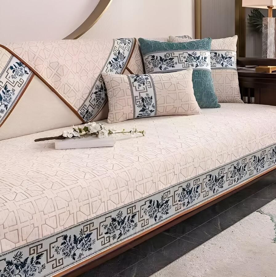 E-Shop4u Geometrische Jacquard Chenille Kussenhoes – Antislip Machinewasbaar – Voor Alle Seizoenen – 100% Polyester – Beige – 45x45cm Kussensloop kussenhoesjes kussensloop