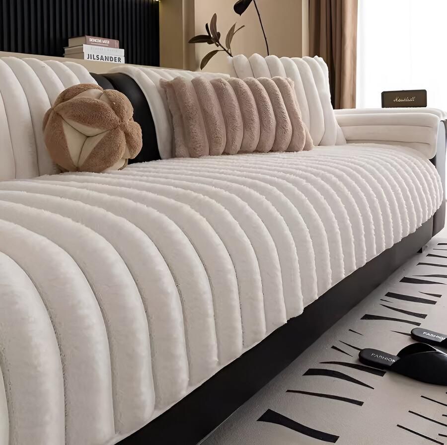 E-shop4u Antislip Sofa Mat L-Vorm Pluche Winter Warme Bankhoes 70x180cm Wit bankhoes hoekbank sofa cover bank hoes bank beschermer kussenhoes