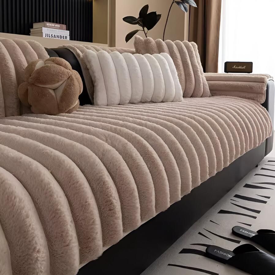 E-shop4u Antislip Sofa Mat L-Vorm Pluche Winter Warme Bankhoes 110x180cm Licht Bruin bankhoes hoekbank sofa cover bank hoes bank beschermer kussenhoes