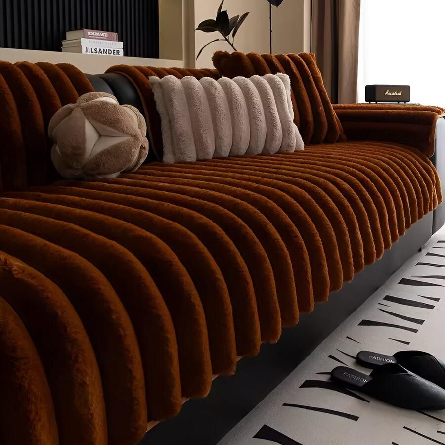 E-shop4u Antislip Sofa Mat L-Vorm Pluche Winter Warme Bankhoes 70x90cm Donkere Bruin bankhoes hoekbank sofa cover bank hoes bank beschermer kussenhoes