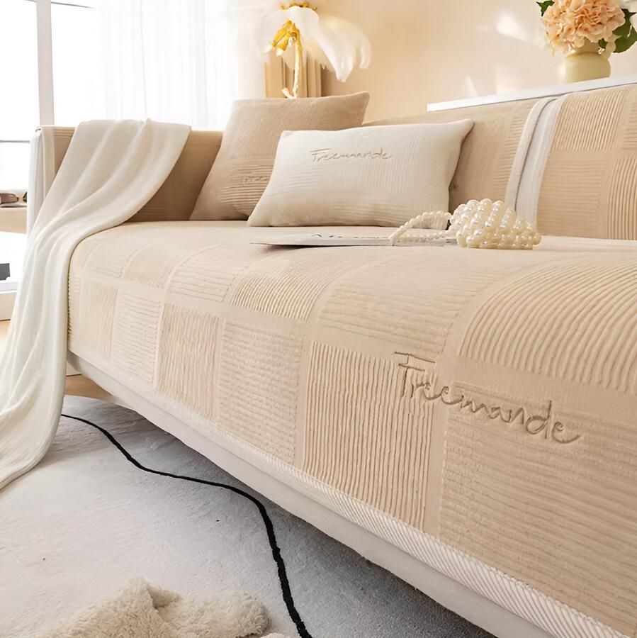 E-Shop4u Bankhoezen Sofacover Antislip Pluche Bankhoes 100% Polyester Bank Bekleding Geborsteld 160gsm Voor Hoek- & Driezitsbanken Machinewasbaar bankhoes hoekbank sofa cover bank hoes kussenhoes 110x210cm P Khaki