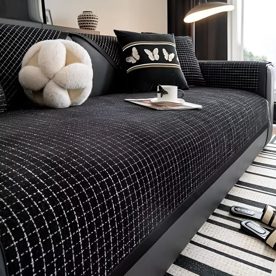 E-shop4u Luxe bankhoes Bankhoezen Chenille Anti-Slip Zwarte Rand Bank Beschermer 90x160cm 1 Stuks Zwart