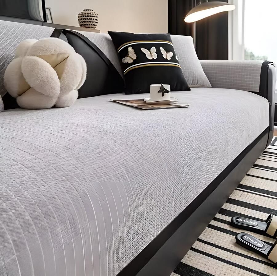 E-shop4u Luxe bankhoes Bankhoezen Chenille Anti-Slip Zwarte Rand Bank Beschermer 90x120cm 1 Stuks Grijs