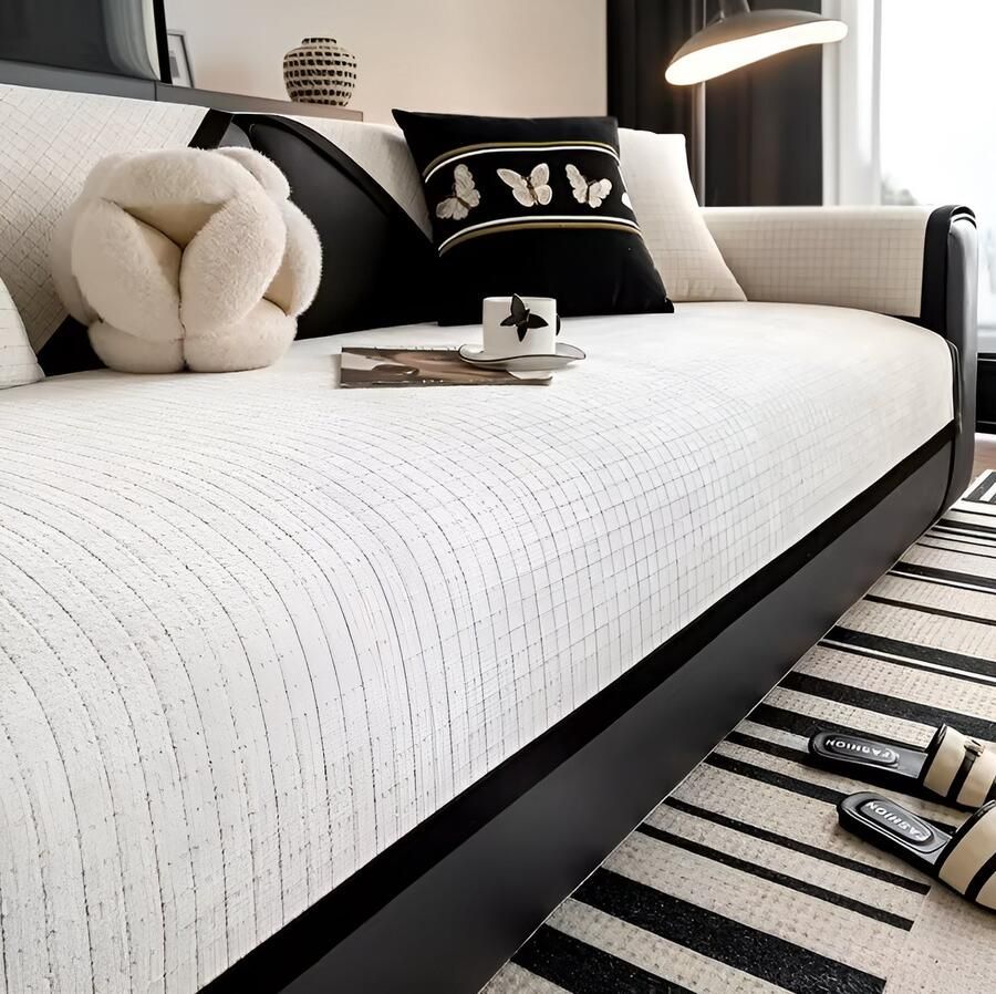 E-shop4u Luxe bankhoes Bankhoezen Chenille Anti-Slip Zwarte Rand Bank Beschermer 90x120cm 1 Stuks Wit