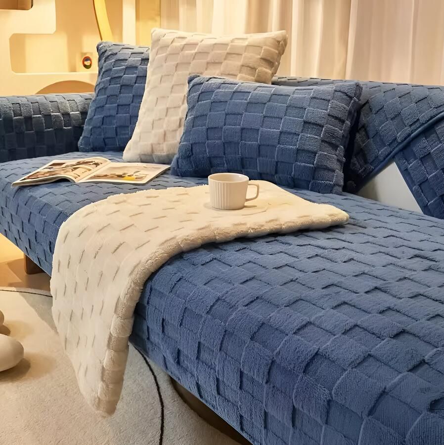 E-Shop4u Pluche Kussenhoes Winter Nordic Antislip + Waterdicht 100% Polyester Geschikt voor Hoekbank Kussenhoesjes Kussensloop 30x50cm Blauw