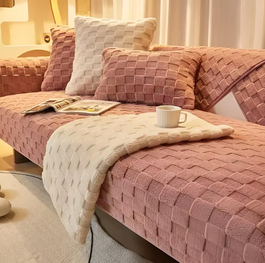 E-Shop4u Pluche Kussenhoes Winter Nordic Antislip + Waterdicht 100% Polyester Geschikt voor Hoekbank Kussenhoesjes Kussensloop 45x45cm Roze