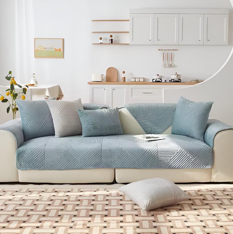 E-Shop4u Kristalfluwelen Bankhoes Antislip & Machinewasbaar Bankhoezen Sofacover Voor Hoek- en Driezitsbanken 100% Polyester bankhoes hoekbank sofa cover bank hoes bank beschermer kussenhoes 90x180cm Licht Blauw - Foto 2