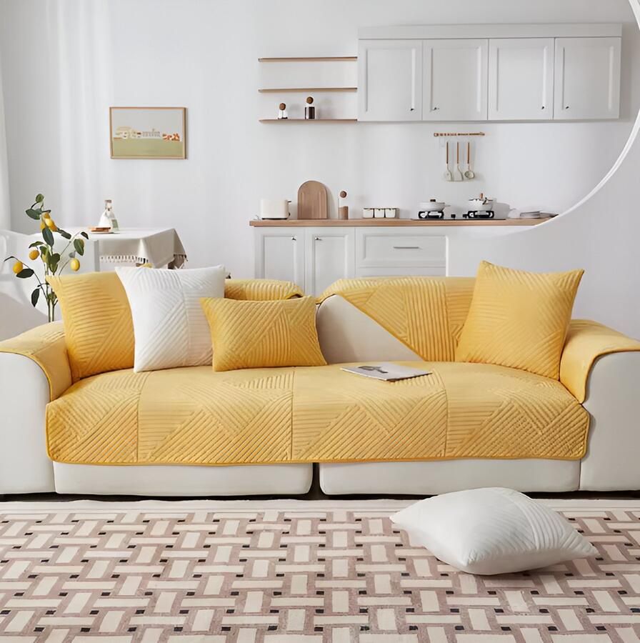 E-Shop4u Kristalfluwelen Bankhoes Antislip & Machinewasbaar Bankhoezen Sofacover Voor Hoek- en Driezitsbanken 100% Polyester bankhoes hoekbank sofa cover bank hoes bank beschermer kussenhoes 90x180cm Geel - Foto 2