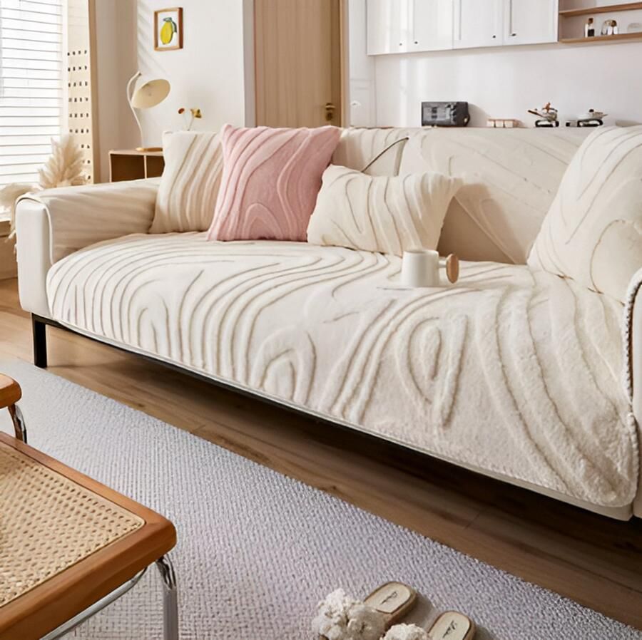 E-Shop4u Jacquard Fleece Bankovertrek Sofacover Bankhoezen Antislip & Machinewasbaar bankhoes hoekbank bank hoes bank beschermer kussenhoes Geometrisch Design 100% Polyester 70x90cm Crème