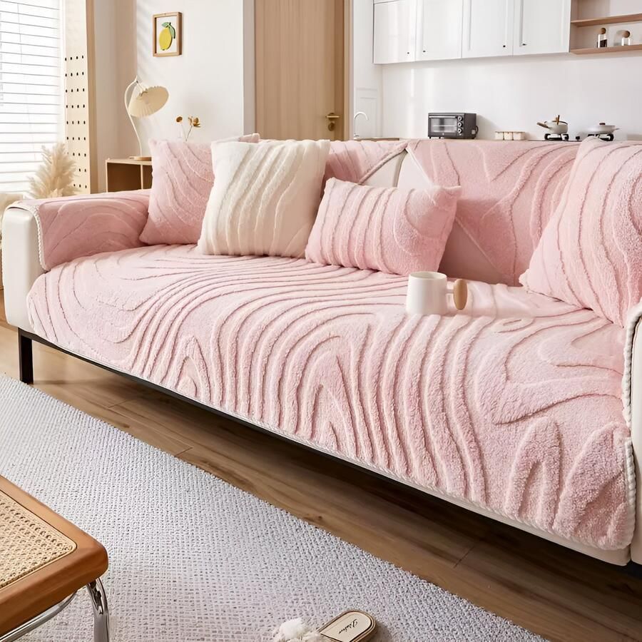 E-Shop4u Jacquard Fleece Bankovertrek Sofacover Bankhoezen Antislip & Machinewasbaar bankhoes hoekbank bank hoes bank beschermer kussenhoes Geometrisch Design 100% Polyester 110x240cm Lichtroze