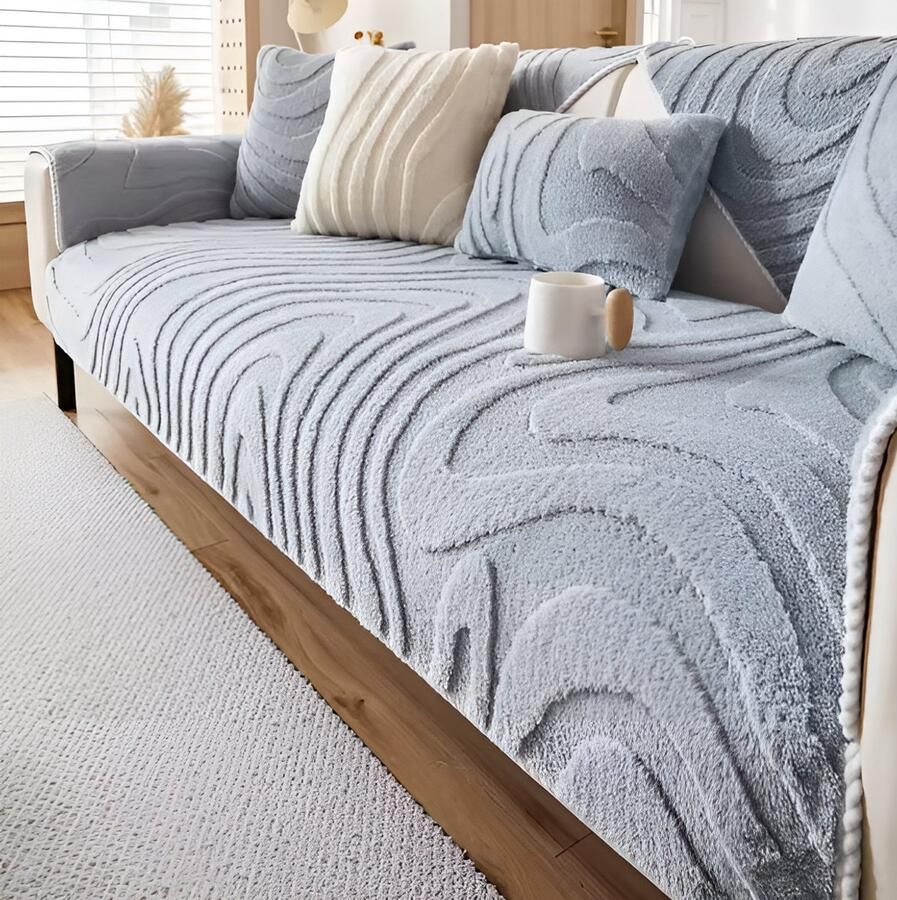 E-Shop4u Jacquard Fleece Bankovertrek Sofacover Bankhoezen Antislip & Machinewasbaar bankhoes hoekbank bank hoes bank beschermer kussenhoes Geometrisch Design 100% Polyester 70x70cm Baby Blauw